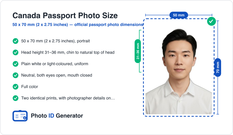 Canada passport photo dimensions diagram — 50 x 70 mm (2 x 2.75 inches), head height 31–36 mm, plain white background
