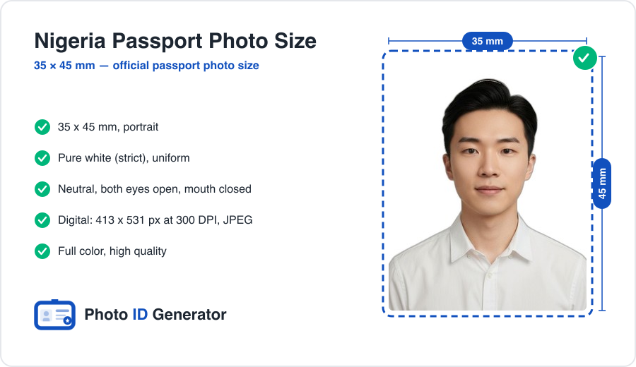 Nigeria passport photo dimensions diagram — 35 x 45 mm, plain white background