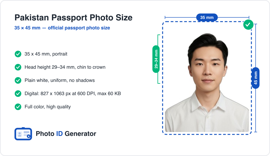 Pakistan passport photo dimensions diagram — 35 x 45 mm, head height 29–34 mm, plain white background